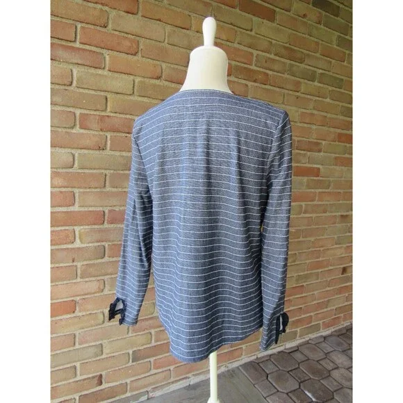 Talbots Striped Knit Top Criss Cross Detail Women's Medium Casual Ruffle Cuff - Picture 8 of 13